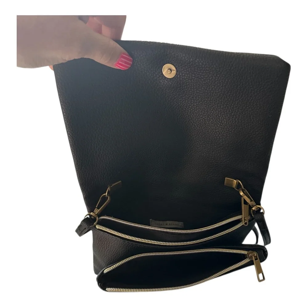 Lucky Brand Black Pebbled Leather Triple Compartment Crossbody Clutch Bag Brass